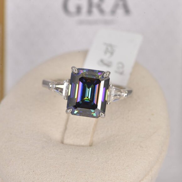 GRA Certified 5.5ct Rainbow Blue Emerald Cut Engagement Moissanite Ring 925 - Picture 2 of 5